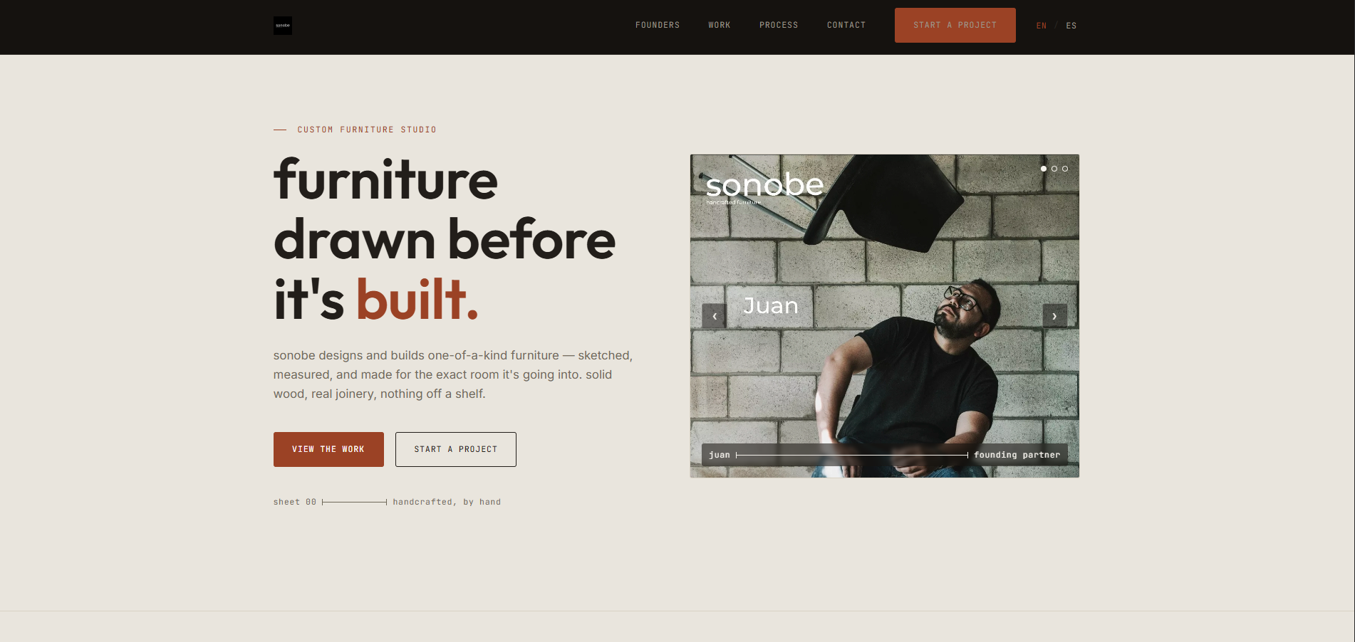 Sonobe homepage hero: "furniture drawn before it's built" next to a photo of founding partner Juan